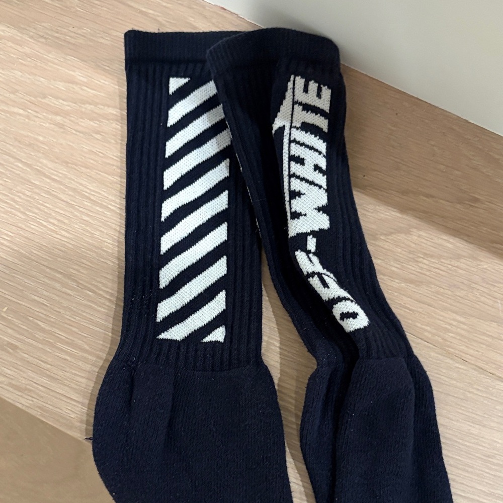 Off-White Black Crew Socks with White Diagonal Stripe and Logo